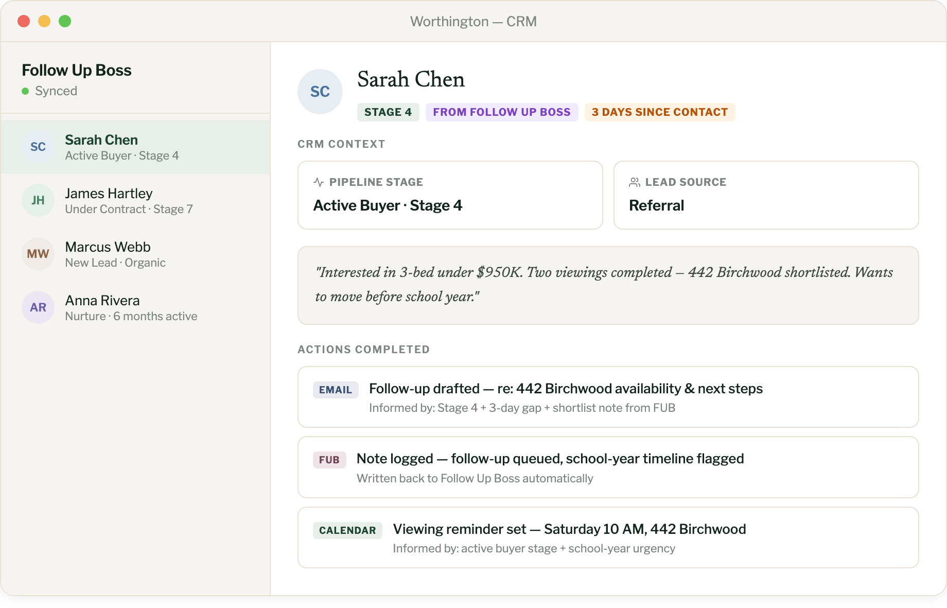 Worthington AI reading Follow Up Boss CRM data to prepare a real estate client briefing and log completed actions
